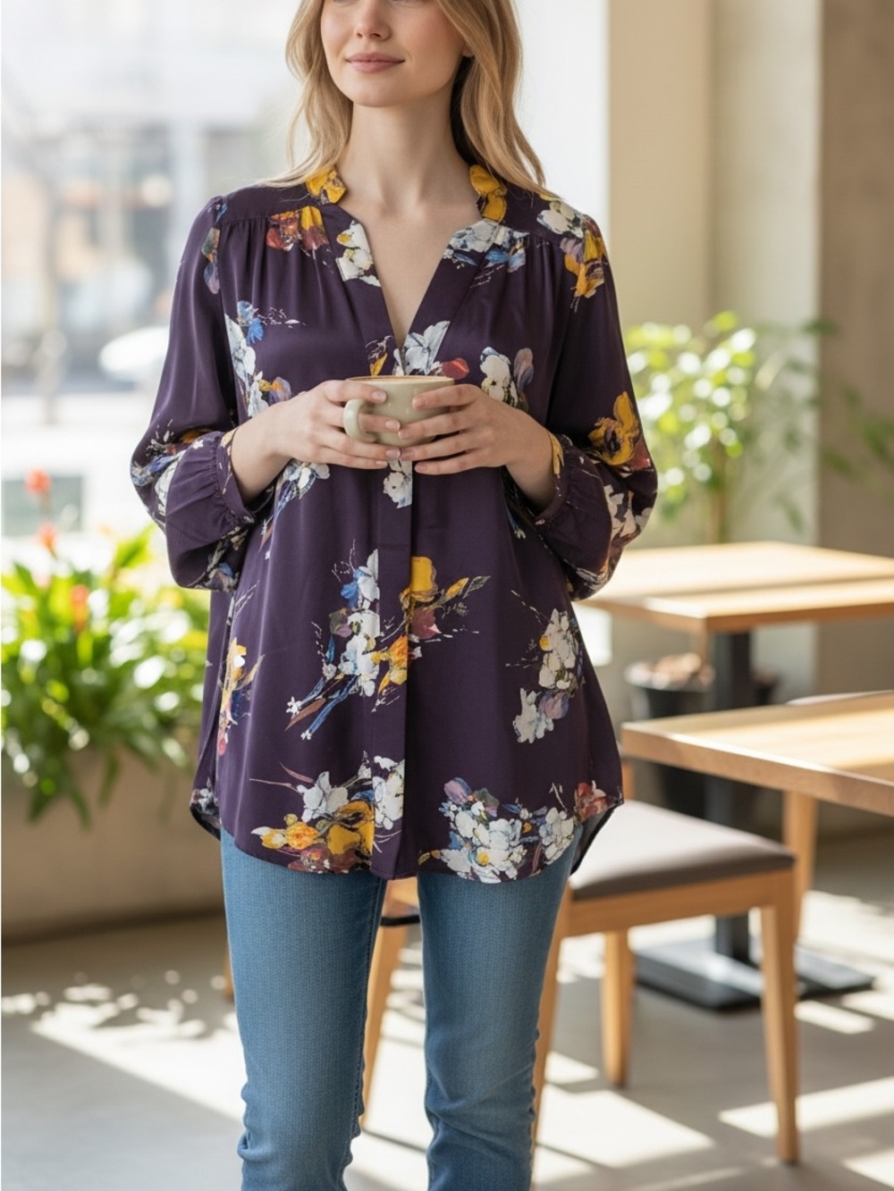 Amour Vert NWOT 100% Silk Floral Blouse Tunic Purple Size M
